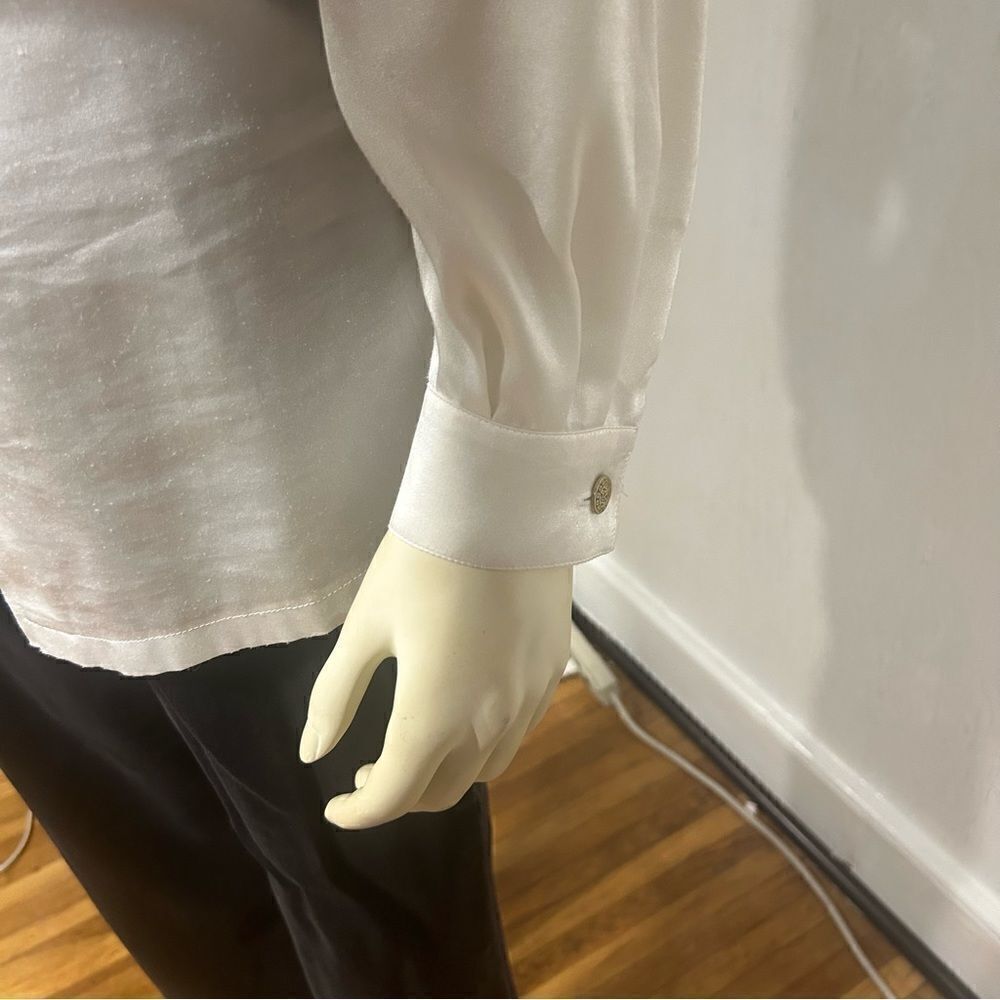 Horst Basler Vintage Shoulder Pads White Satin Blouse Chain Globe print - Picture 5 of 13